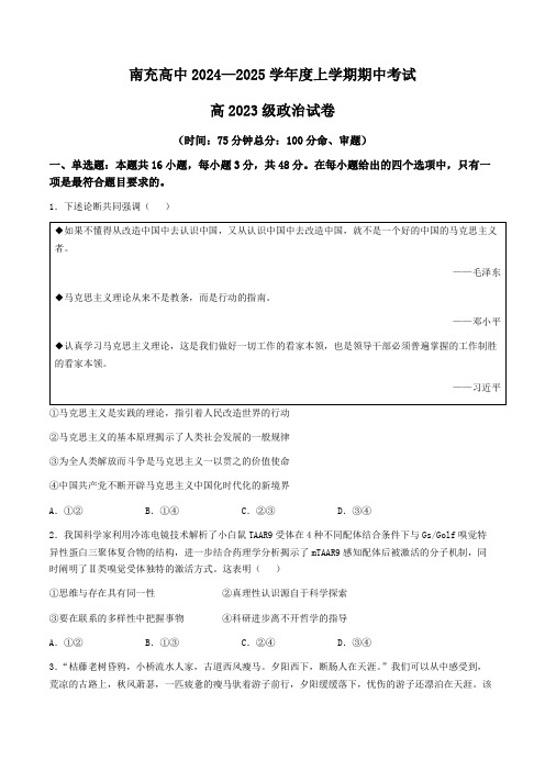 四川省南充高级中学2024-2025学年高二上学期11月期中考试政治试题