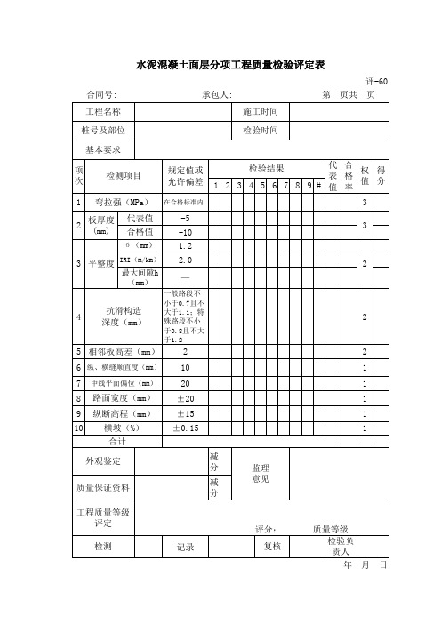 【工程表格模板】水泥混凝土面层分项工程质量检验评定表