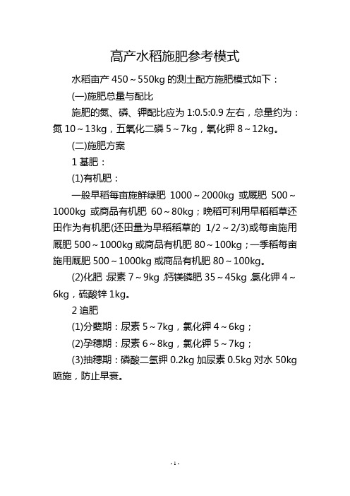 高产水稻施肥参考模式