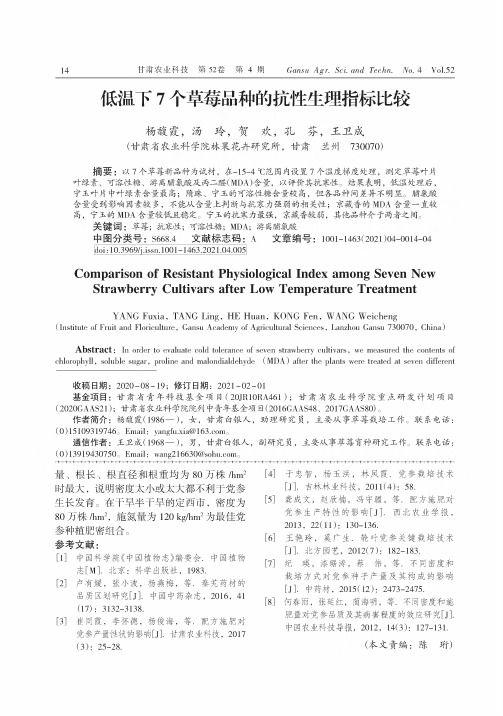 低温下7个草莓品种的抗性生理指标比较