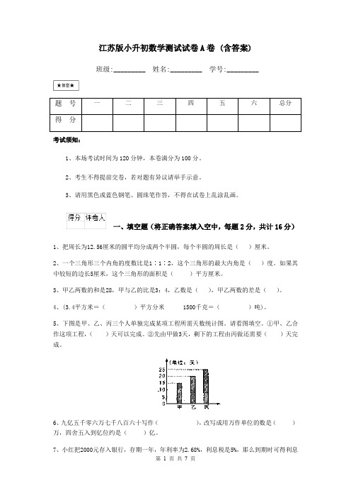 江苏版小升初数学测试试卷A卷 (含答案)