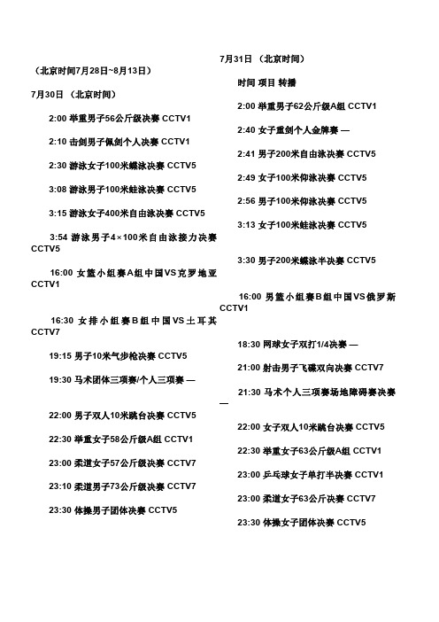 2012年伦敦奥运会频道转播时间表CCTV