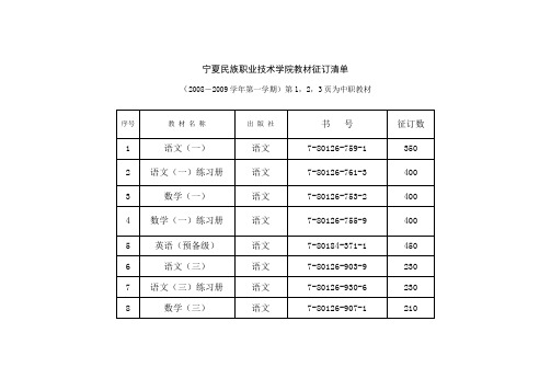 宁夏民族职业技术学院教材征订清单