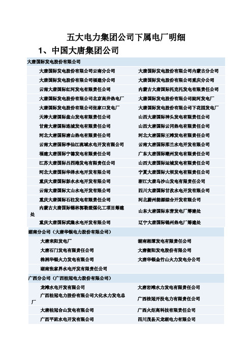 五大电力集团公司下属电厂明细资料