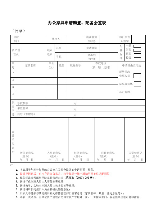 办公家具申请购置、配备会签表