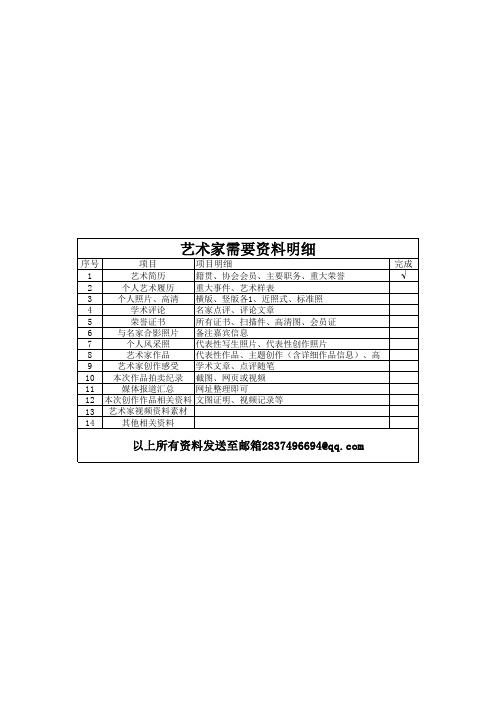 艺术家需要资料明细