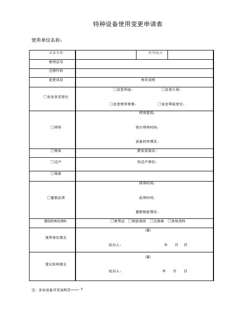 特种设备使用变更申请表