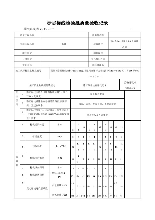 道路标线标识检验批质量验收记录【范本模板】