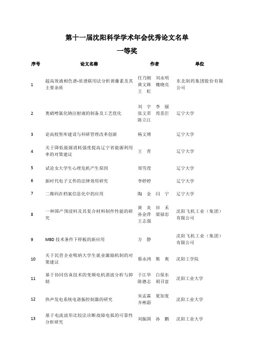 第十一届沈阳科学学术年会优秀论文名单