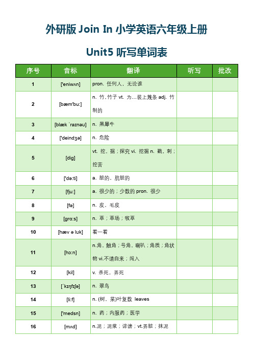 外研版Join In小学英语六年级上册Unit5听写单词表