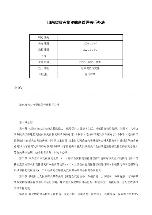 山东省救灾物资储备管理暂行办法-