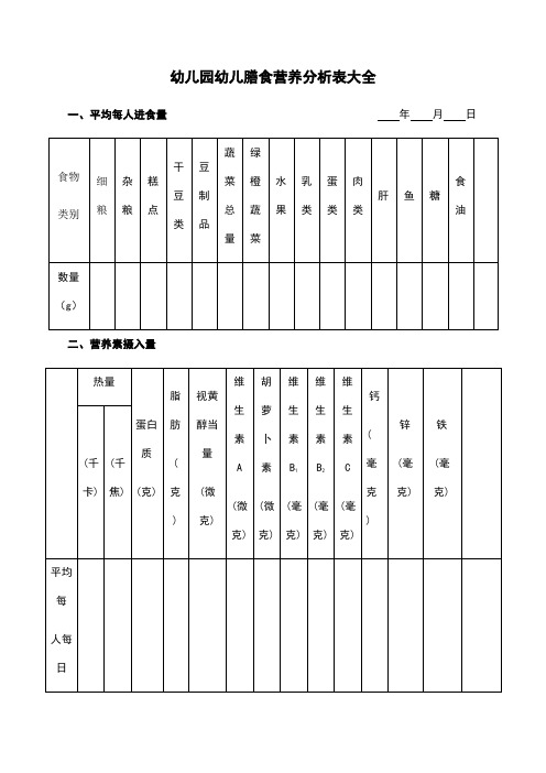 幼儿园幼儿膳食营养分析表大全