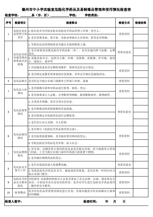 滁州市中小学实验室危险化学药品及易制毒品管理和使用情况检查表