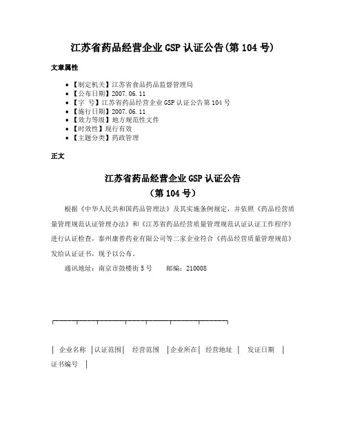 江苏省药品经营企业GSP认证公告(第104号)