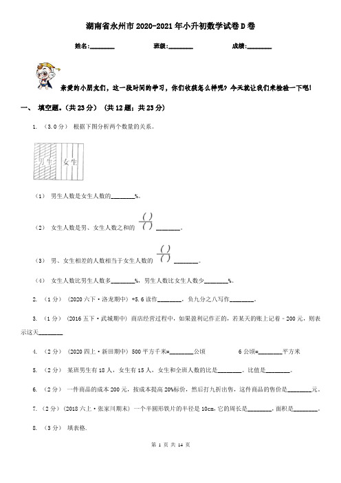 湖南省永州市2020-2021年小升初数学试卷D卷