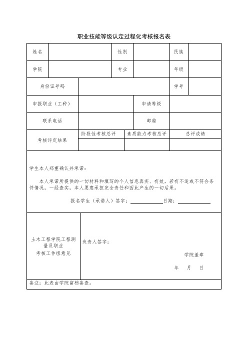 职业技能等级认定过程化考核报名表