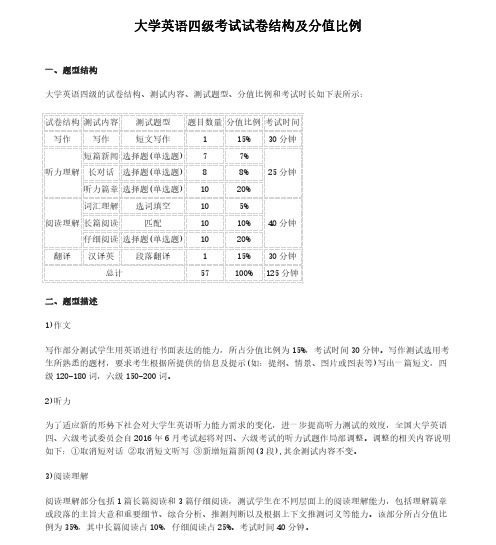 大学英语四级考试试卷结构及分值比例