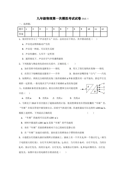 江苏省高邮市阳光双语初中2018年九年级物理第一次模拟考试试卷(无答案)