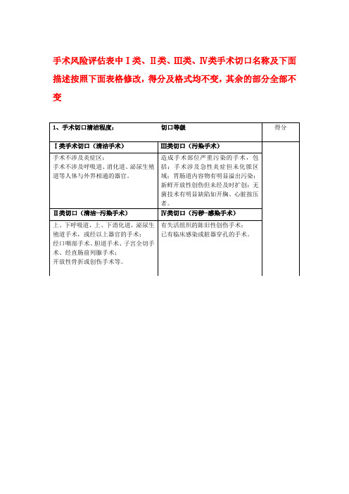 手术风险评估表手术切口