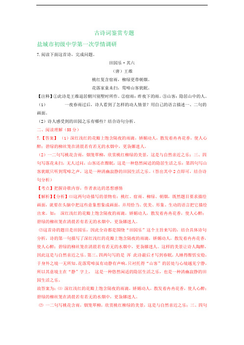 江苏省盐城市各地2020年中考语文模拟试卷精选汇编：古诗词鉴赏专题