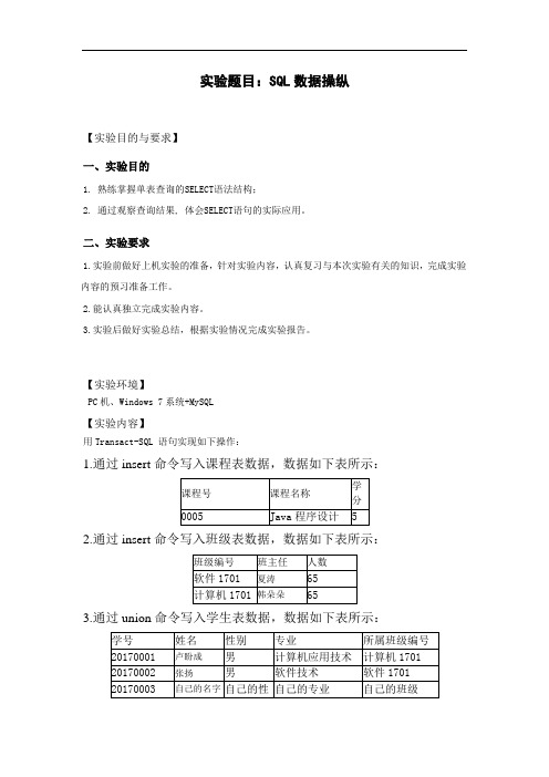 T-SQL数据操纵实验