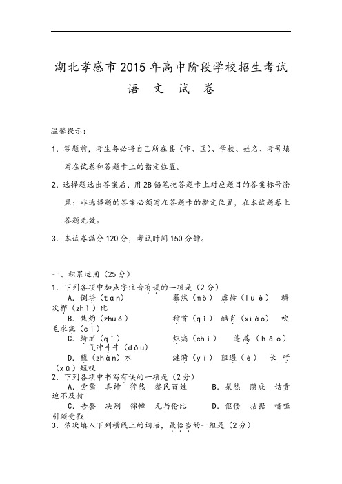 2015年湖北省孝感中学考试语文精彩试题