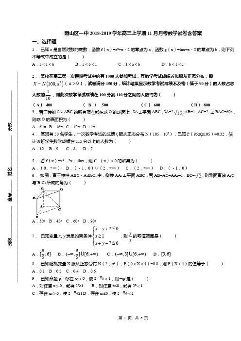 雨山区一中2018-2019学年高三上学期11月月考数学试卷含答案
