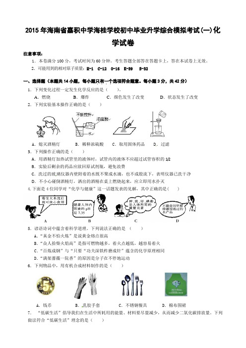 海南省嘉积中学2015年中考化学模拟试卷(word版)