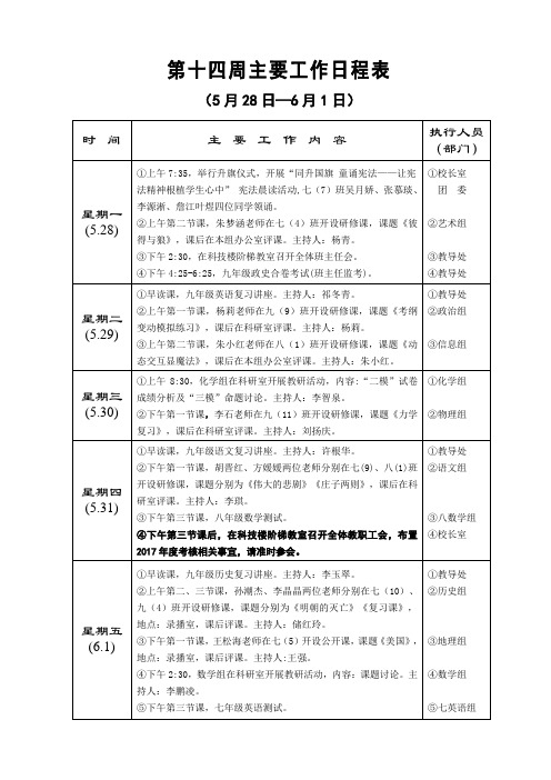 第十四周主要工作日程表