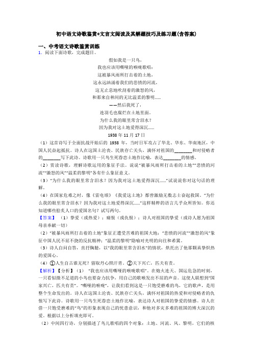 初中语文诗歌鉴赏+文言文阅读及其解题技巧及练习题(含答案)