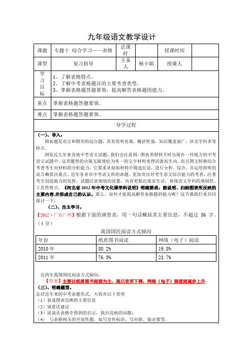 九年级语文教学设计——表格