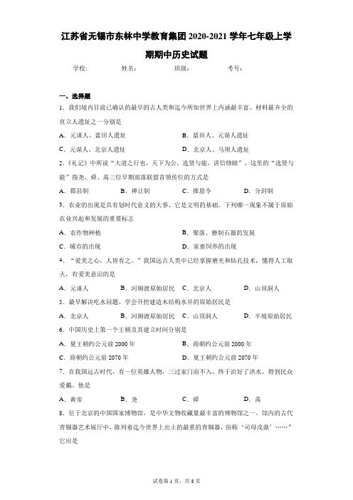 江苏省无锡市东林中学教育集团2020-2021学年七年级上学期期中历史试题(含答案解析)