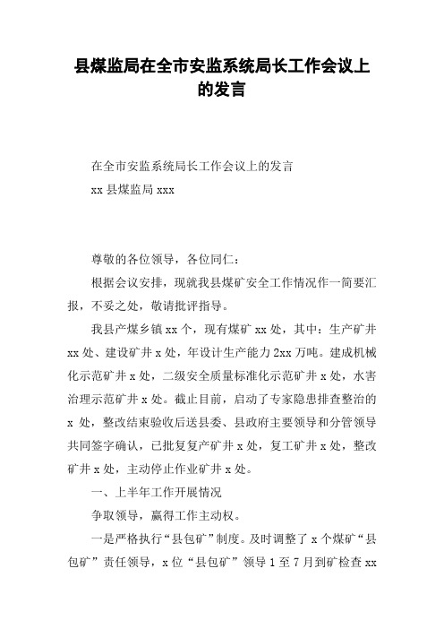 县煤监局在全市安监系统局长工作会议上的发言