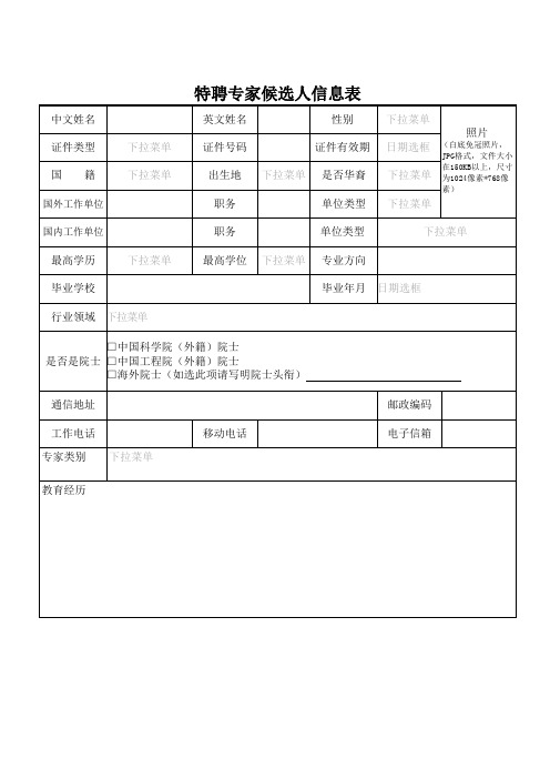 特聘专家候选人信息表