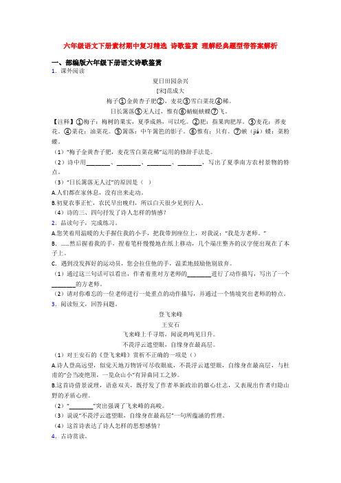 六年级语文下册素材期中复习精选 诗歌鉴赏 理解经典题型带答案解析