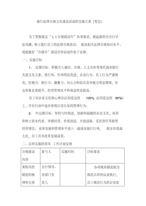 银行法律合规文化建设活动的实施方案