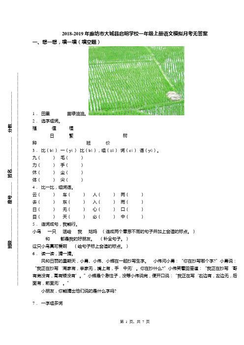 2018-2019年廊坊市大城县启明学校一年级上册语文模拟月考无答案