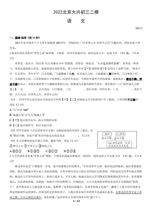 2022北京大兴初三二模语文(含答案)