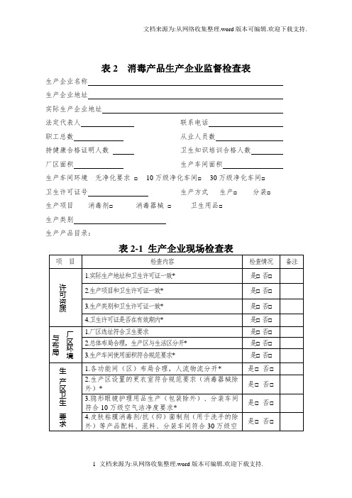 表2消毒产品生产企业监督检查表