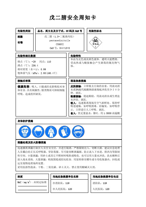 戊二腈安全周知卡、职业危害告知卡、理化特性表