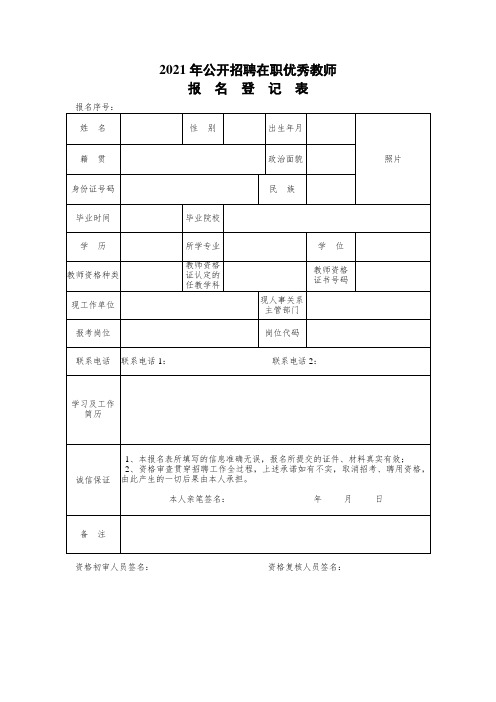 2021招教考试在职优秀教师报名登记表模板