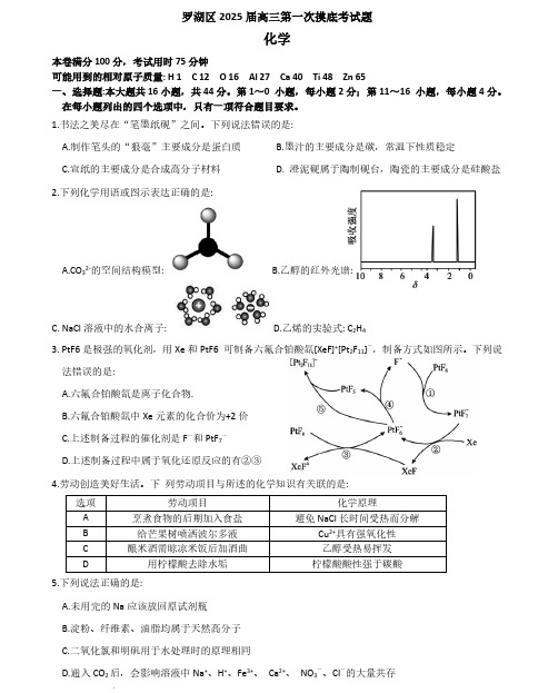 广东省深圳市罗湖区2025届高三上学期第一次摸底考试化学试题+答案