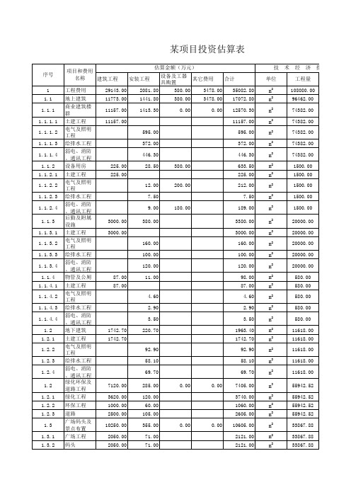 某项目投资估算表