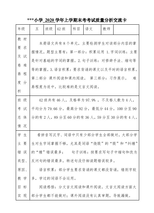 最新人教部编版语文五年级上学期期末考试质量分析