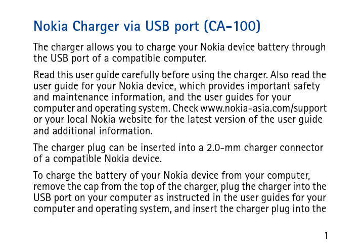 Nokia USB充电器（CA-100）用户指南说明书