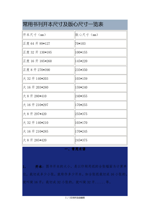 常用书刊开本尺寸及版心尺寸一览表