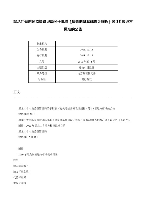 黑龙江省市场监督管理局关于批准《建筑地基基础设计规程》等35项地方标准的公告-2019年第75号