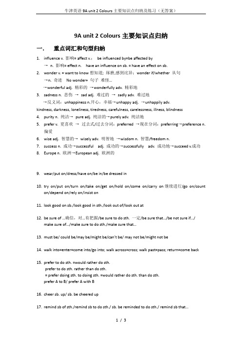 牛津英语9A unit 2 Colours主要知识点归纳及练习(无答案)