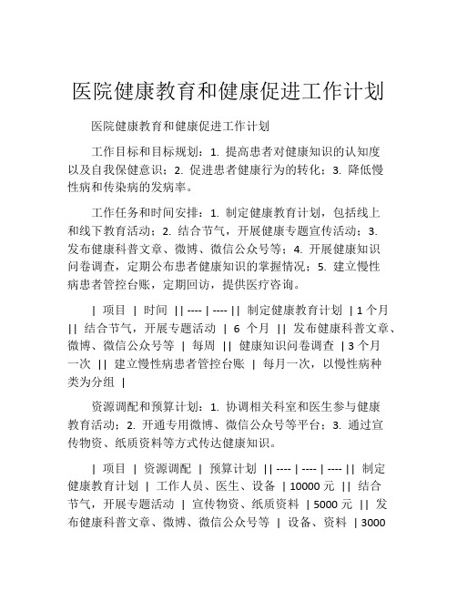 医院健康教育和健康促进工作计划