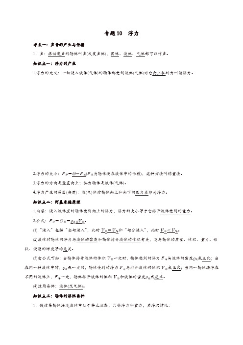 备考2019年中考物理知识点复习专练知识点精讲专题10浮力含解析